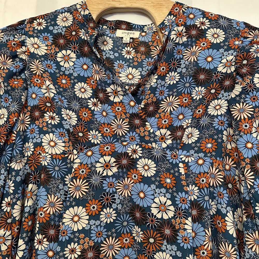 Umgee Size Medium VNeck Blue Orange Floral Boho Mini Dress Tunic Top Long Sleeve - Picture 2 of 5